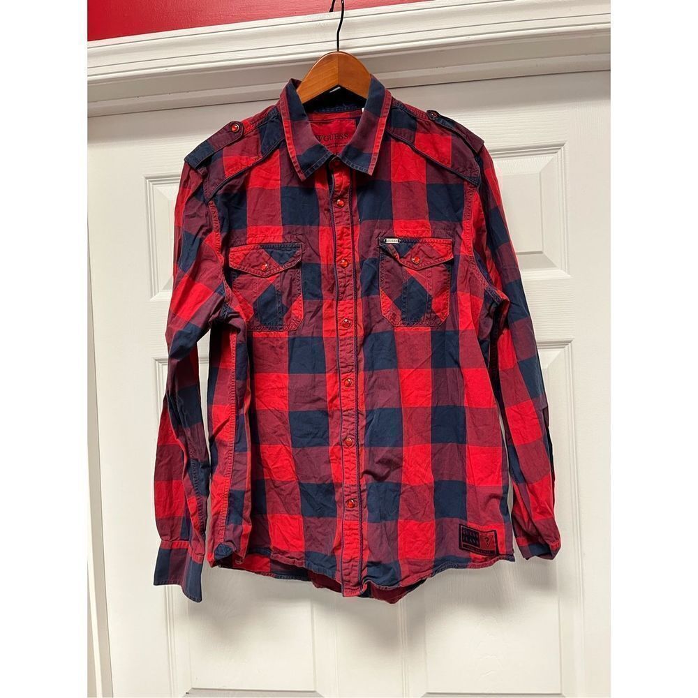 Guess Red & Blue Buffalo Check Pearl Snap Button Down Shirt sz XL